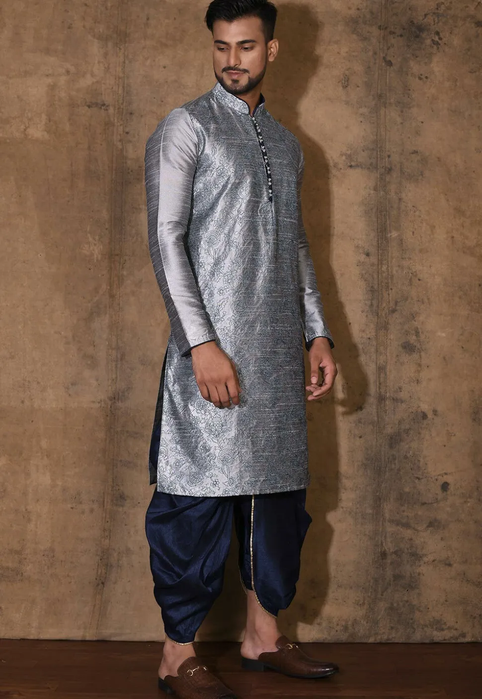 Embroidered Dupion Silk Dhoti Kurta in Grey