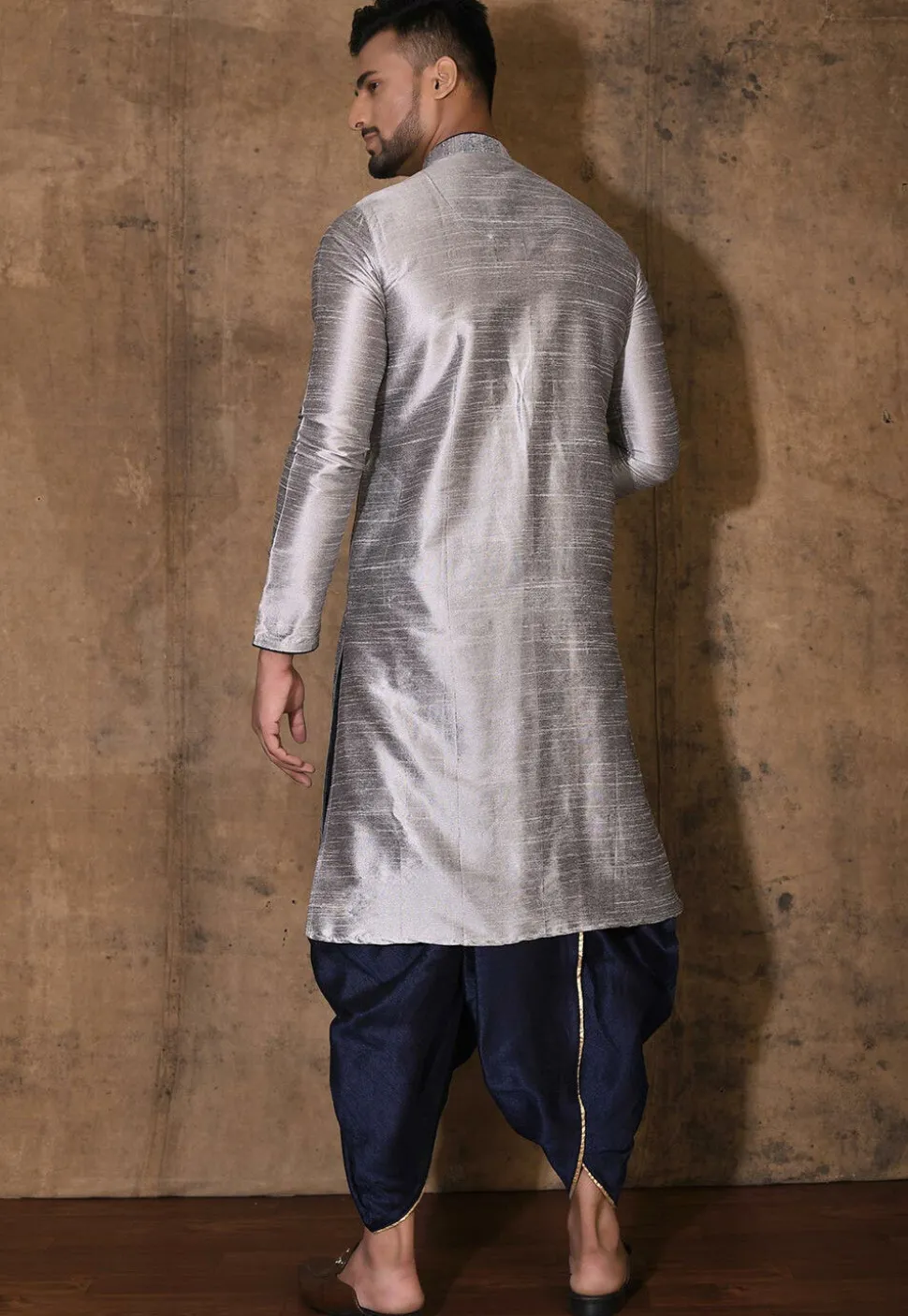 Embroidered Dupion Silk Dhoti Kurta in Grey