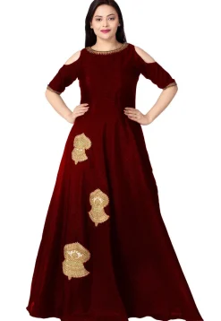 Embroidered Dupion Silk Flared Gown in Maroon