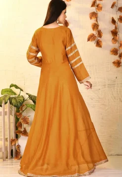 Embroidered Dupion Silk Gown in Mustard
