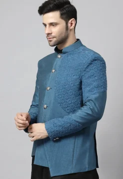 Embroidered Dupion Silk Jodhpuri Jacket in Dusty Blue