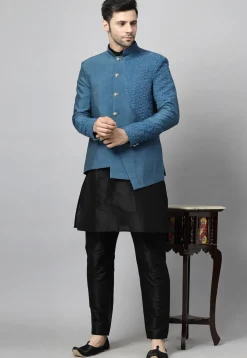 Embroidered Dupion Silk Jodhpuri Jacket in Dusty Blue