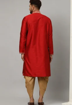 Embroidered Dupion Silk Jacquard Dhoti Kurta in Red