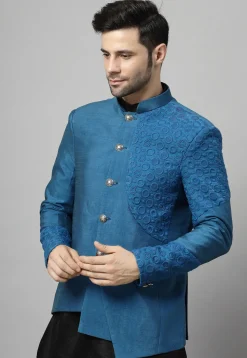 Embroidered Dupion Silk Jodhpuri Jacket in Blue