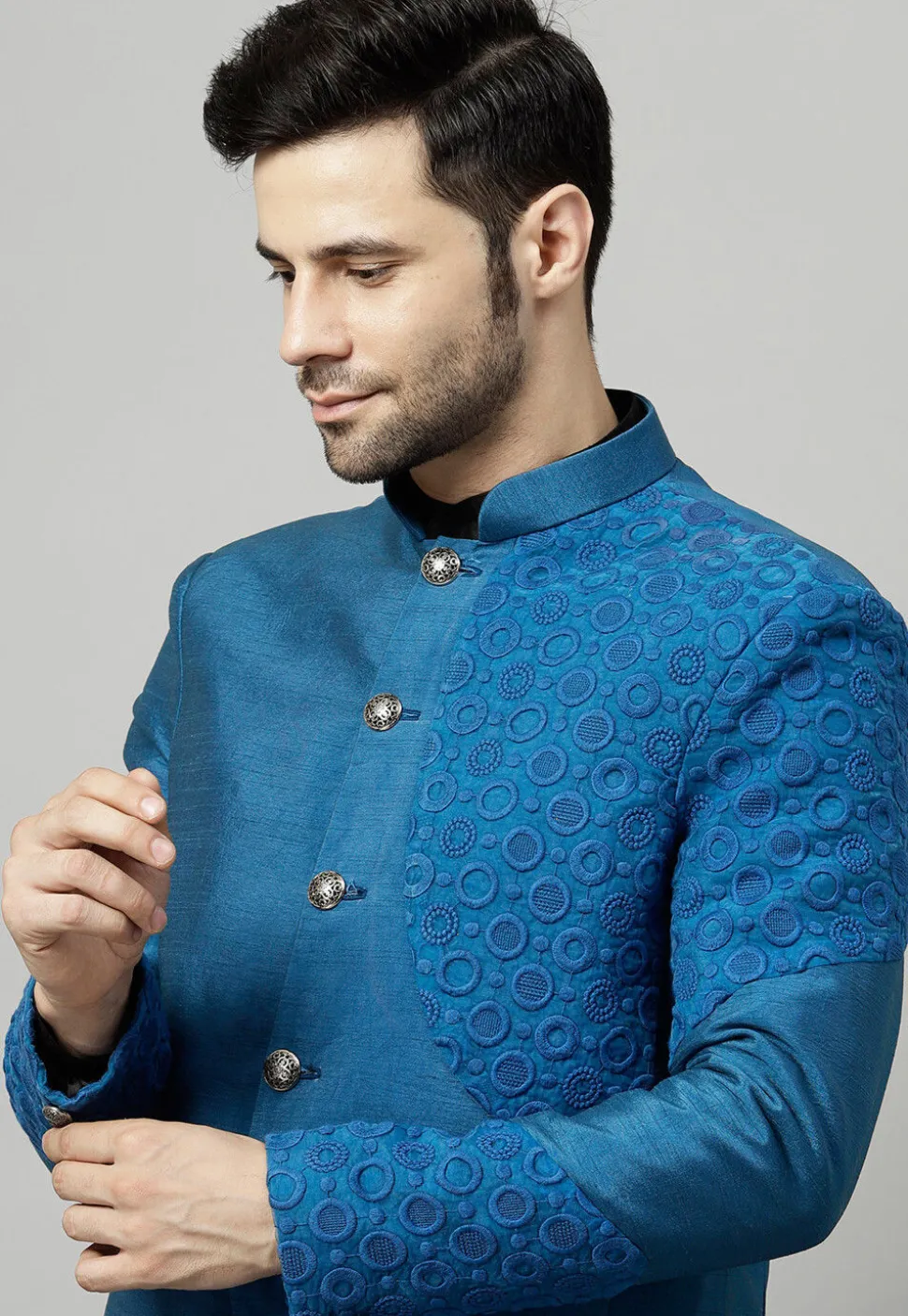 Embroidered Dupion Silk Jodhpuri Jacket in Blue