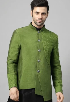 Embroidered Dupion Silk Jodhpuri Jacket in Olive Green