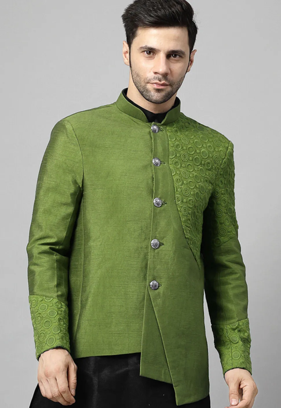 Embroidered Dupion Silk Jodhpuri Jacket in Olive Green