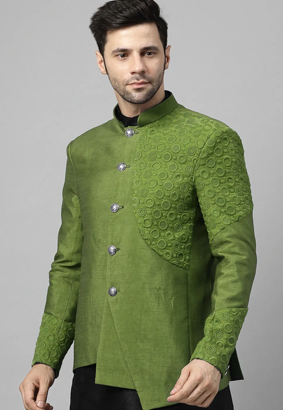 Embroidered Dupion Silk Jodhpuri Jacket in Olive Green