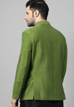Embroidered Dupion Silk Jodhpuri Jacket in Olive Green