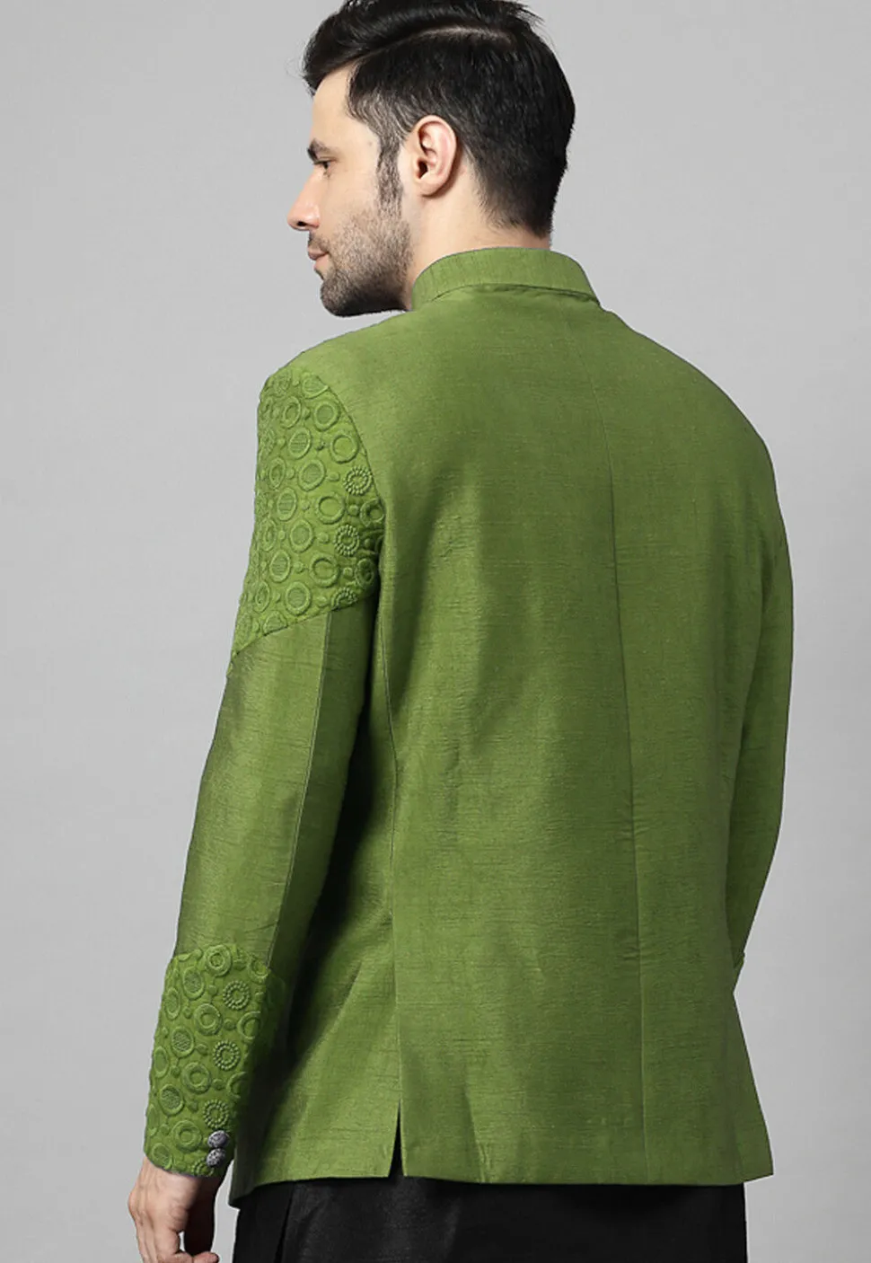 Embroidered Dupion Silk Jodhpuri Jacket in Olive Green