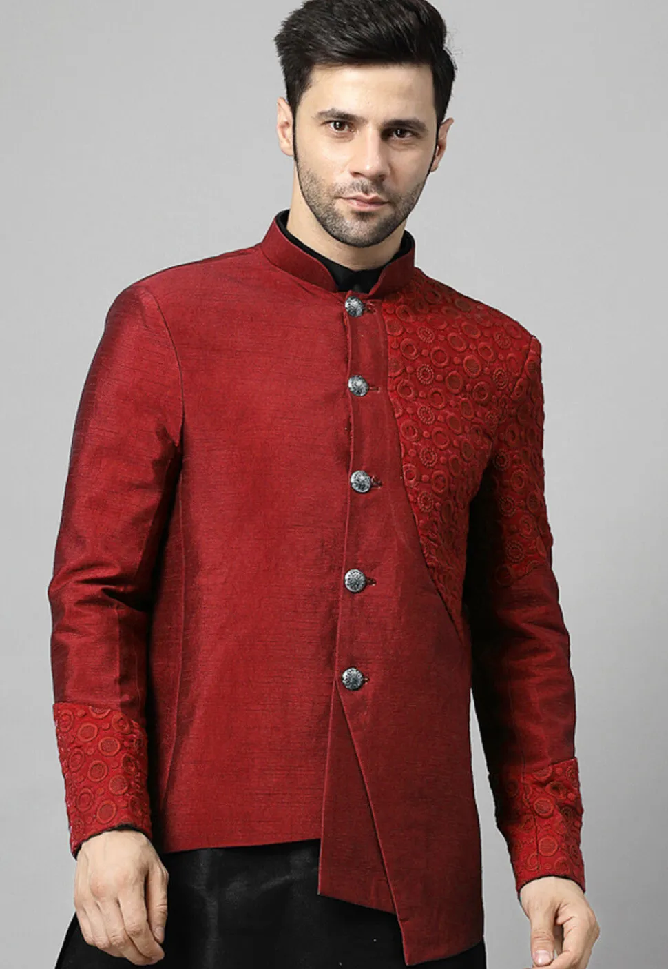 Embroidered Dupion Silk Jodhpuri Jacket in Maroon