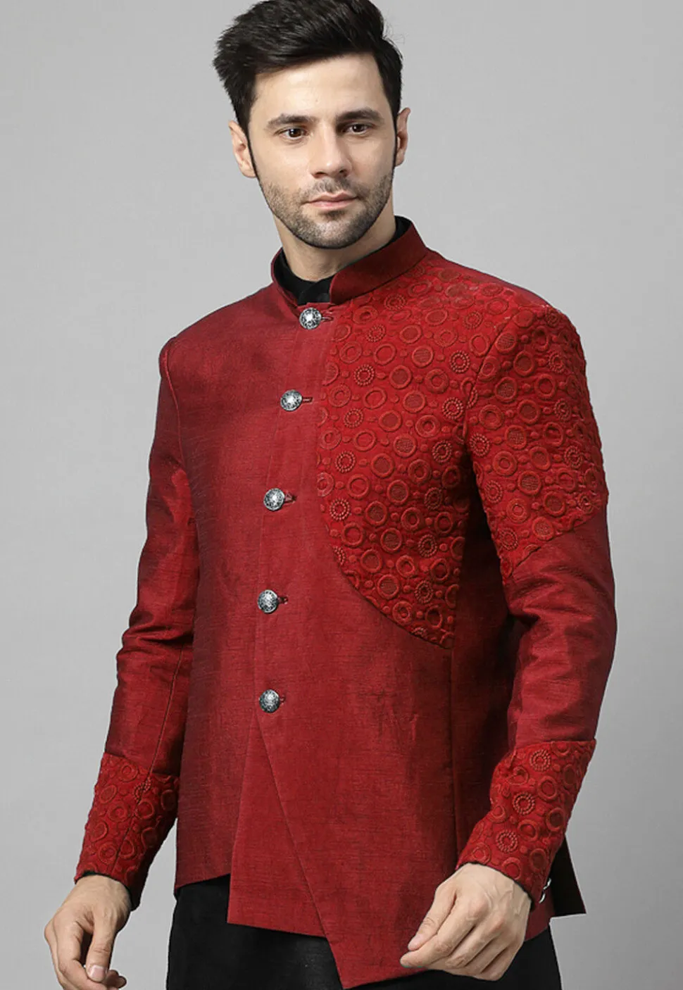 Embroidered Dupion Silk Jodhpuri Jacket in Maroon