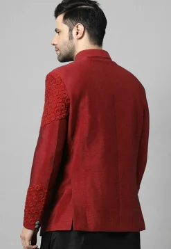 Embroidered Dupion Silk Jodhpuri Jacket in Maroon
