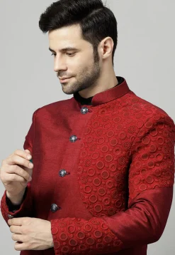 Embroidered Dupion Silk Jodhpuri Jacket in Maroon