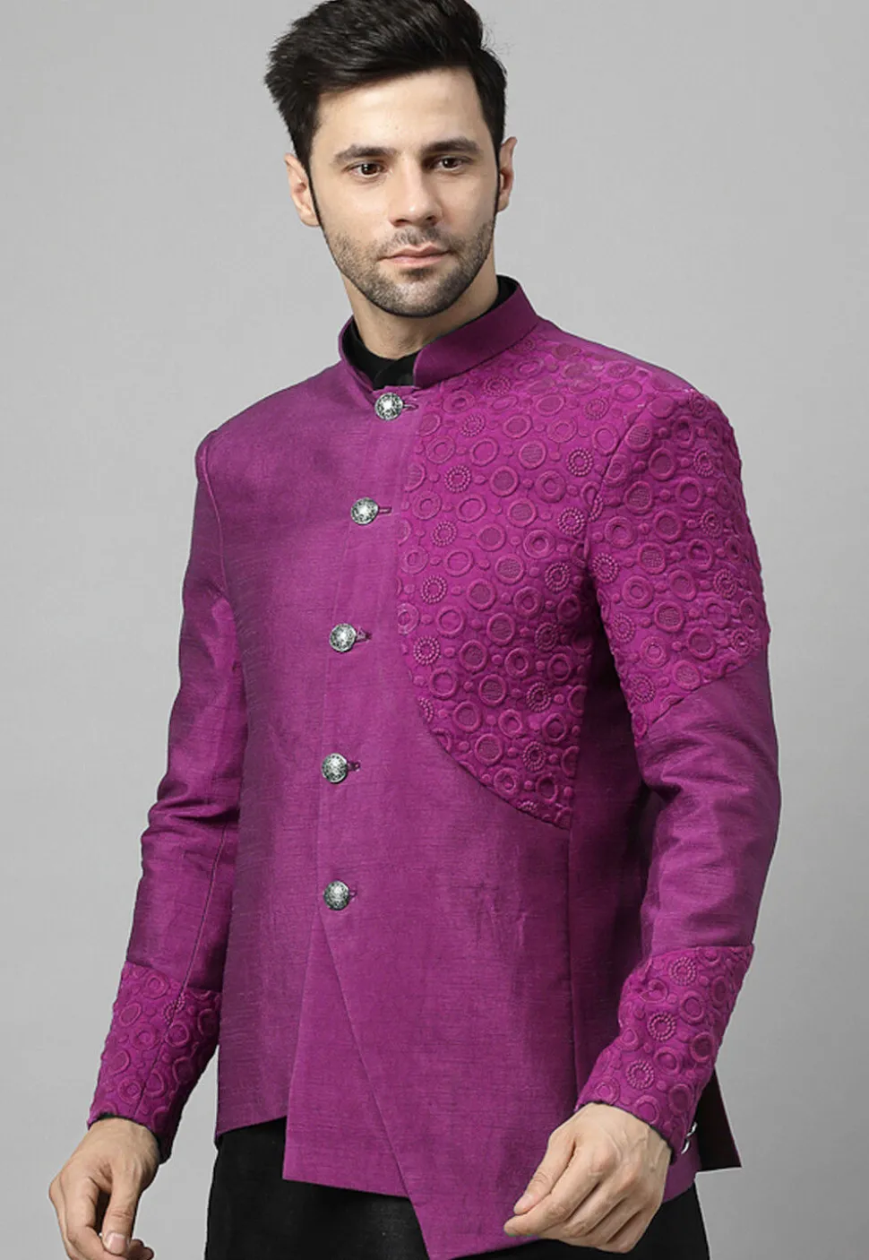 Embroidered Dupion Silk Jodhpuri Jacket in Magenta
