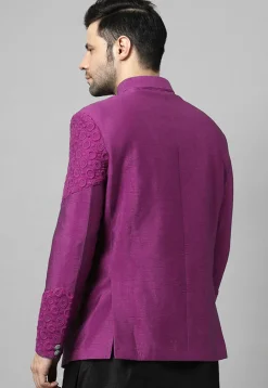 Embroidered Dupion Silk Jodhpuri Jacket in Magenta