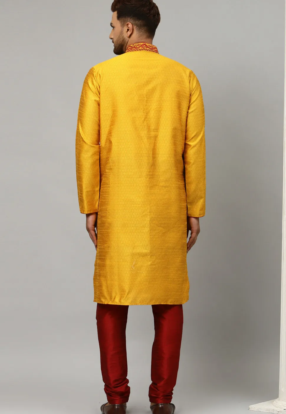 Embroidered Dupion Silk Jacquard Kurta Set in Mustard