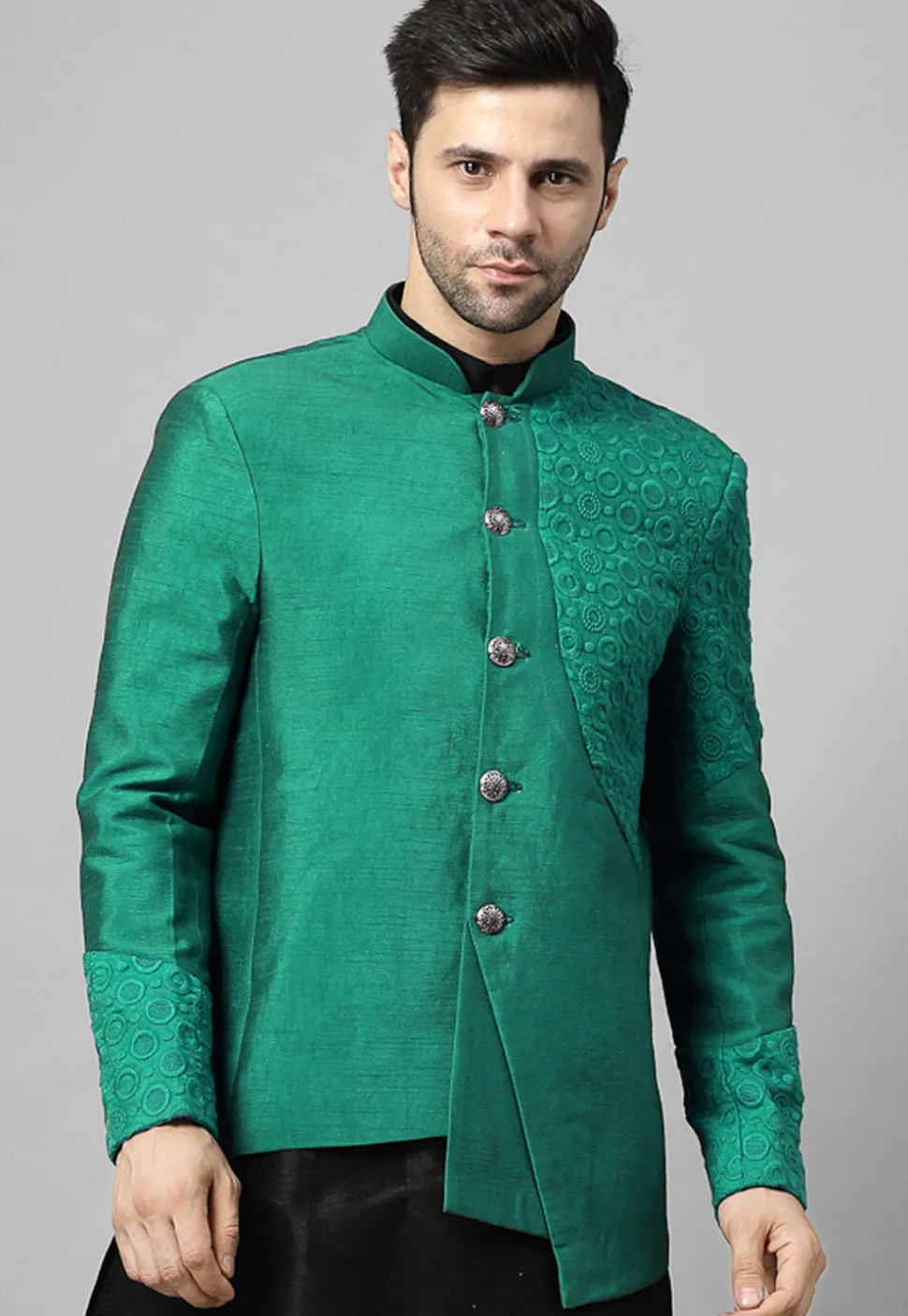 Embroidered Dupion Silk Jodhpuri Jacket in Teal Green