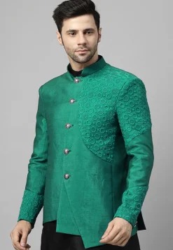 Embroidered Dupion Silk Jodhpuri Jacket in Teal Green