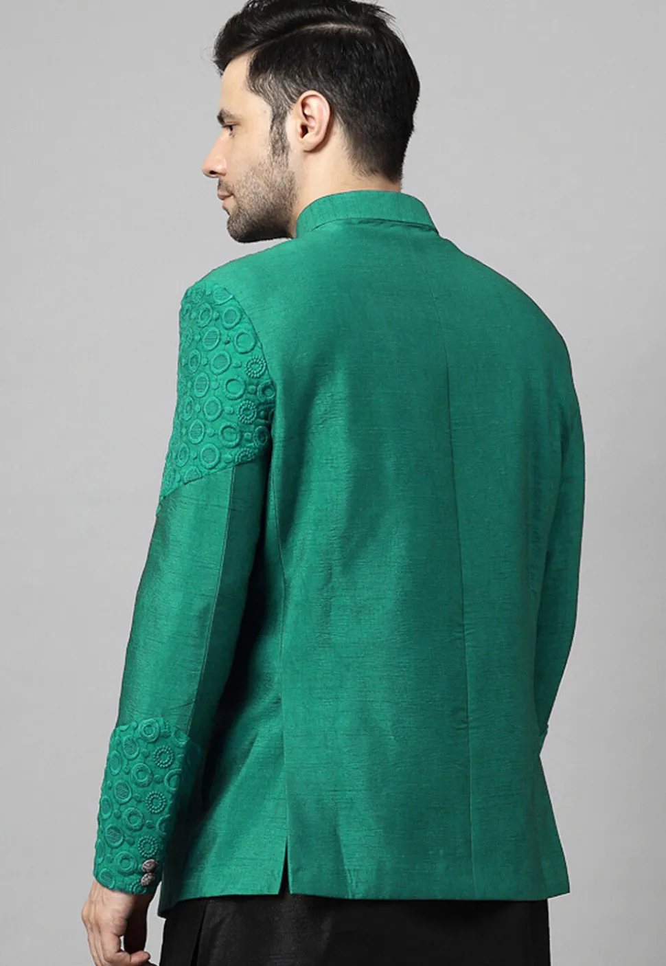 Embroidered Dupion Silk Jodhpuri Jacket in Teal Green
