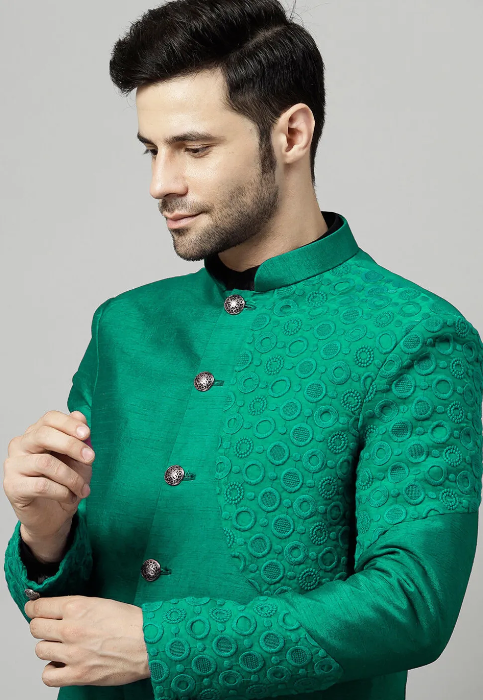 Embroidered Dupion Silk Jodhpuri Jacket in Teal Green