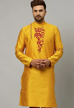 Embroidered Dupion Silk Jacquard Kurta in Mustard