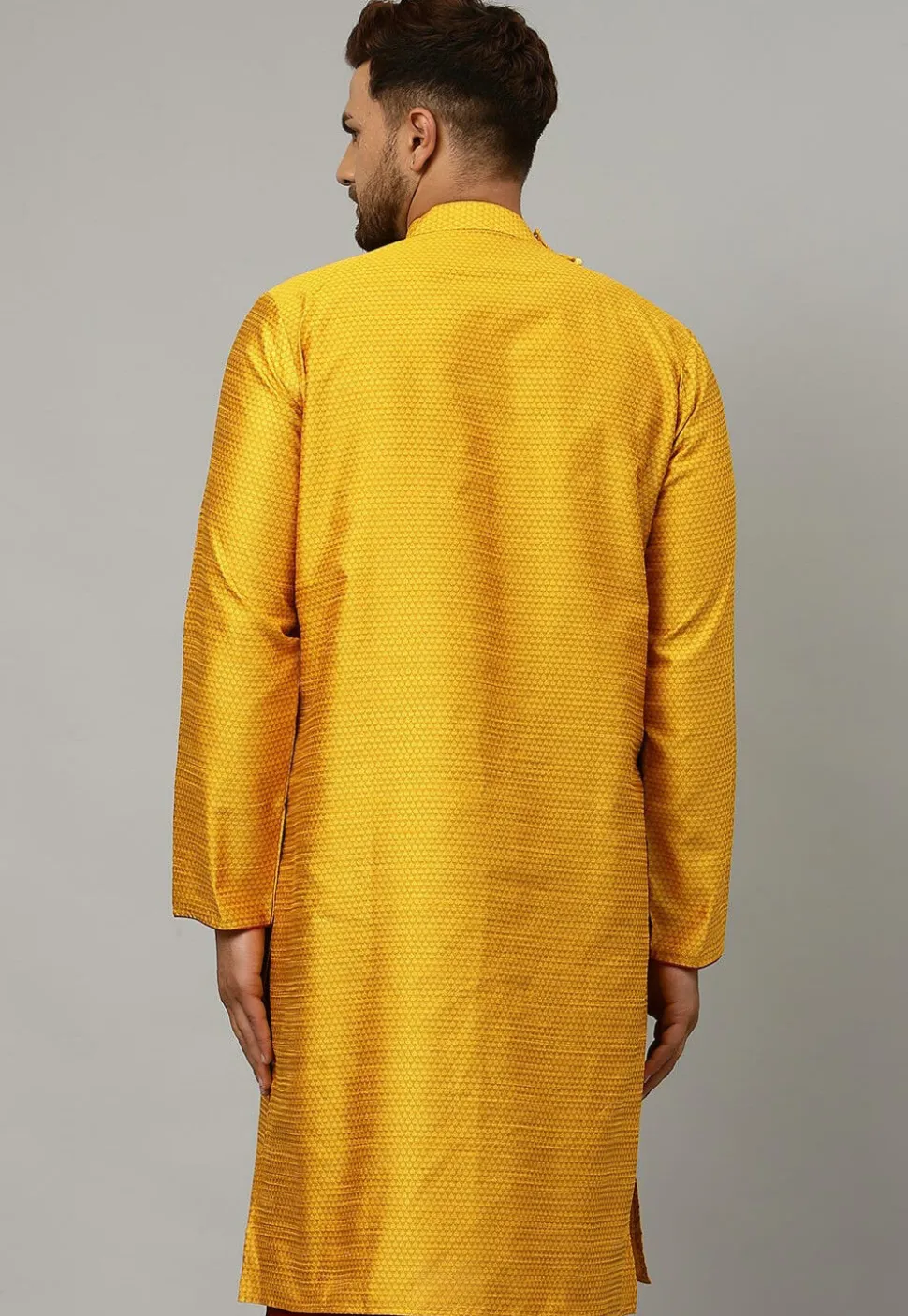 Embroidered Dupion Silk Jacquard Kurta in Mustard