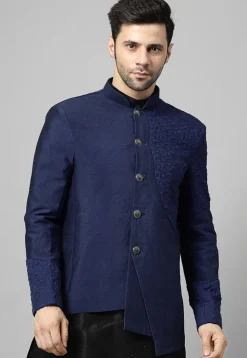Embroidered Dupion Silk Jodhpuri Jacket in Navy Blue
