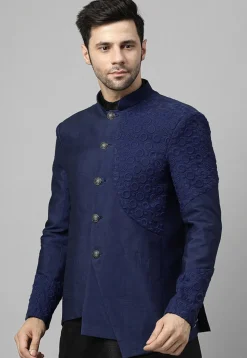 Embroidered Dupion Silk Jodhpuri Jacket in Navy Blue