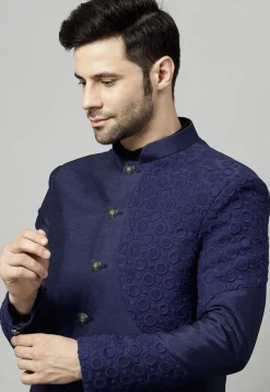Embroidered Dupion Silk Jodhpuri Jacket in Navy Blue