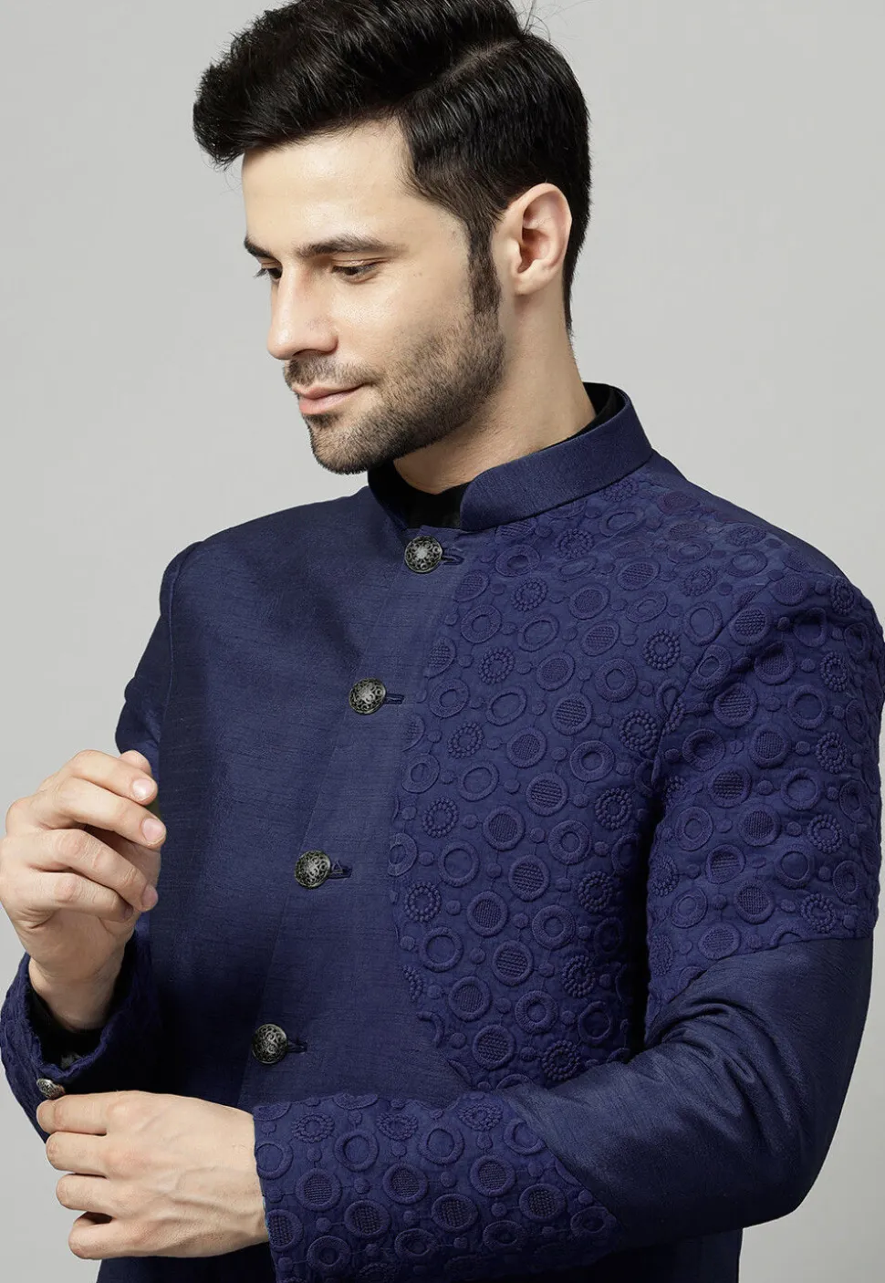 Embroidered Dupion Silk Jodhpuri Jacket in Navy Blue