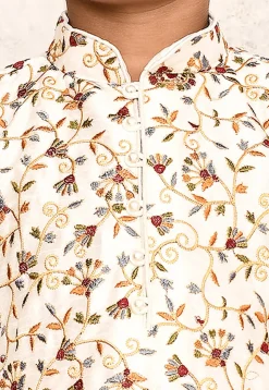 Embroidered Dupion Silk Kurta Set in Off White
