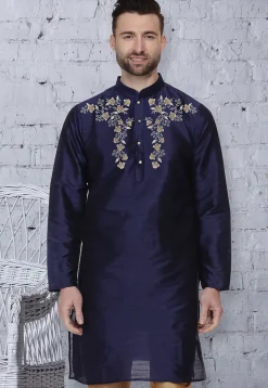 Embroidered Dupion Silk Kurta in Navy Blue