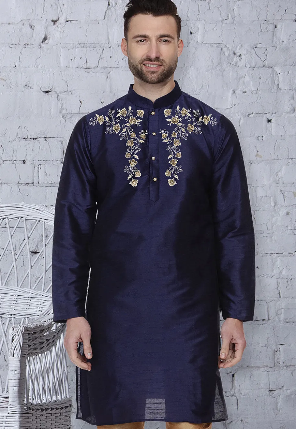 Embroidered Dupion Silk Kurta in Navy Blue