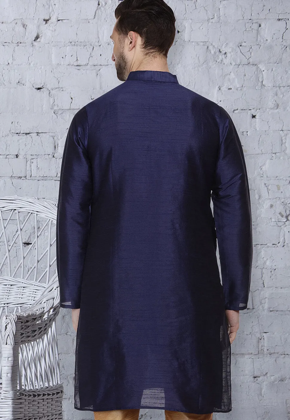 Embroidered Dupion Silk Kurta in Navy Blue