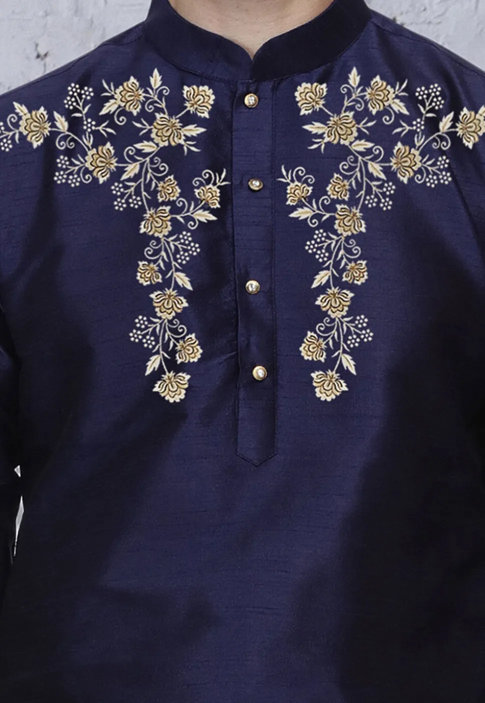 Embroidered Dupion Silk Kurta in Navy Blue