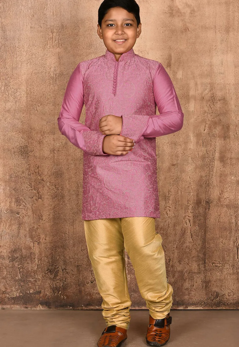 Embroidered Dupion Silk Kurta in Dark Pink