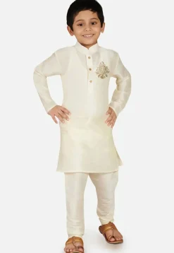 Embroidered Dupion Silk Kurta Set in White