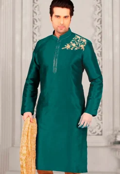 Embroidered Dupion Silk Kurta in Teal Green