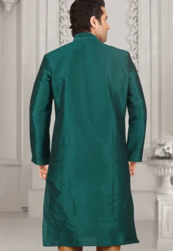 Embroidered Dupion Silk Kurta in Teal Green
