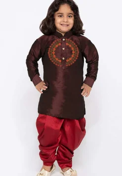 Embroidered Dupion Silk Kurta Set in Wine