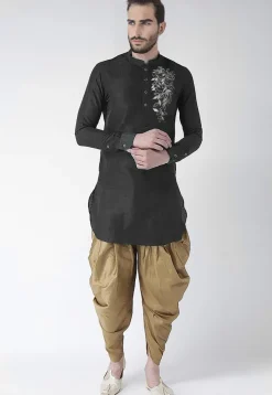 Embroidered Dupion Silk Kurta Set in Black