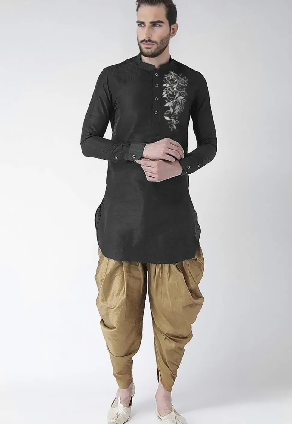 Embroidered Dupion Silk Kurta Set in Black