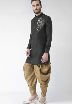 Embroidered Dupion Silk Kurta Set in Black