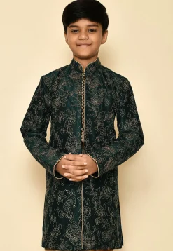 Embroidered Dupion Silk Kurta in Dark Green