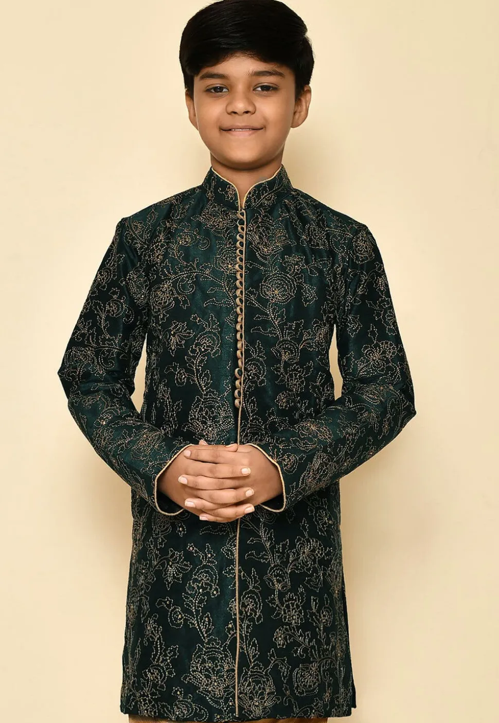 Embroidered Dupion Silk Kurta in Dark Green