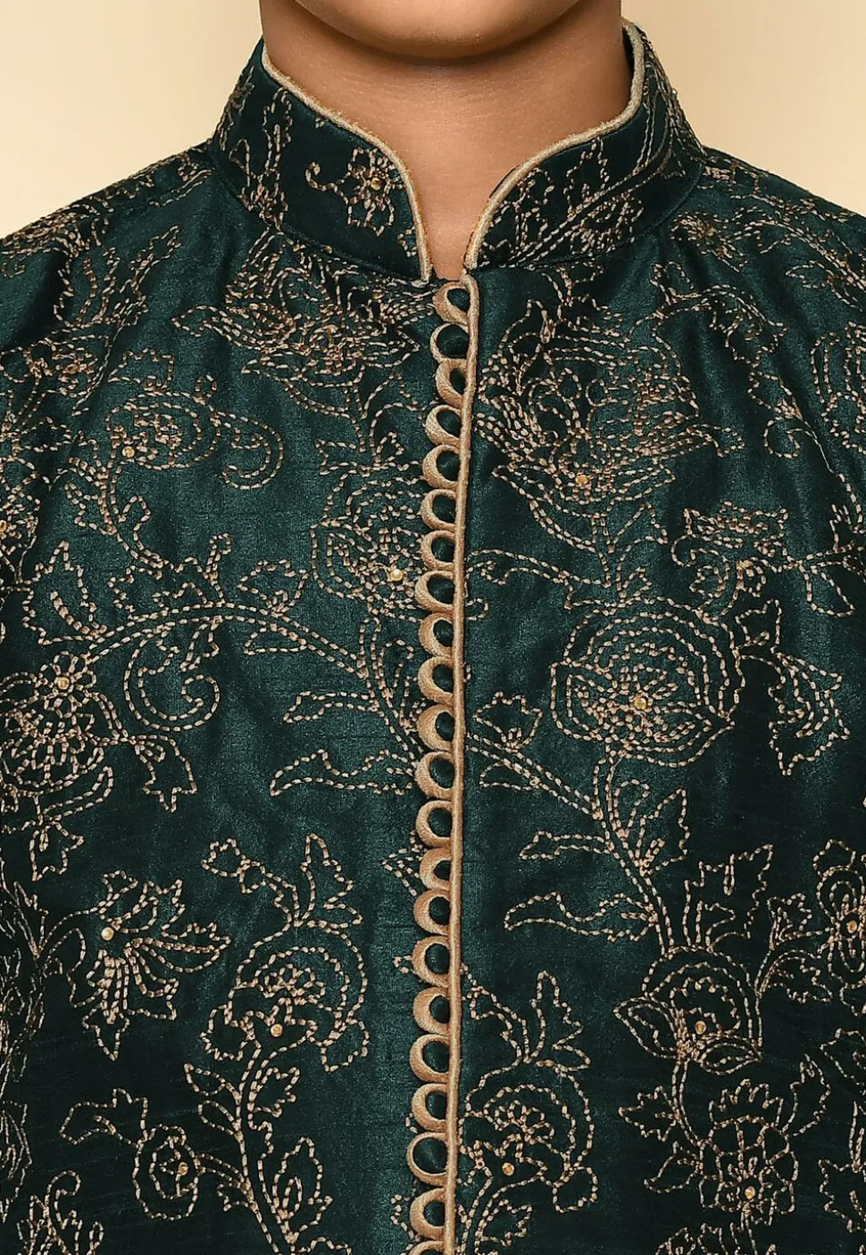 Embroidered Dupion Silk Kurta in Dark Green