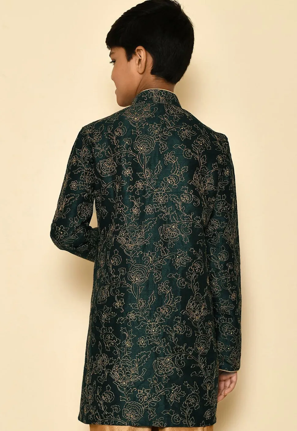 Embroidered Dupion Silk Kurta in Dark Green