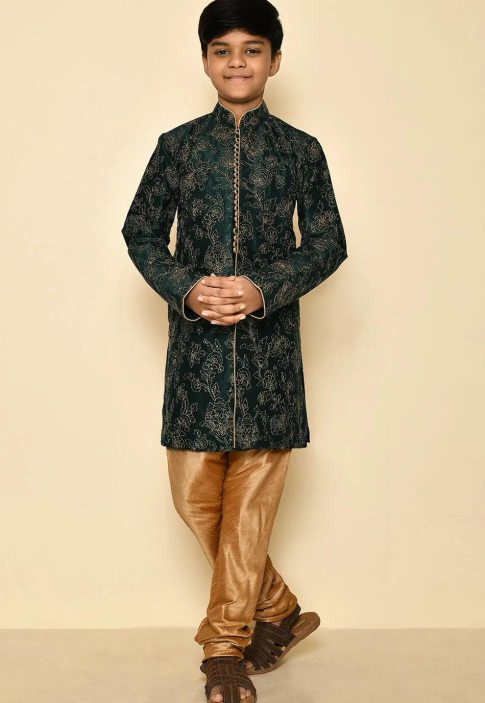 Embroidered Dupion Silk Kurta in Dark Green