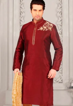 Embroidered Dupion Silk Kurta in Maroon